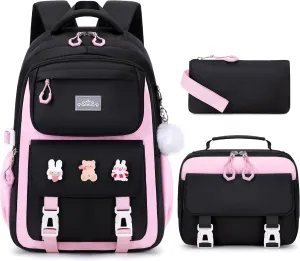 3PCS Girls Backpack for School, Kids Backpack for Girls with Lunch Box Pencil Case Set for Teen Girl Elementary Primary Middle High College School Bookbag with Cute Pins (Black-Pink)