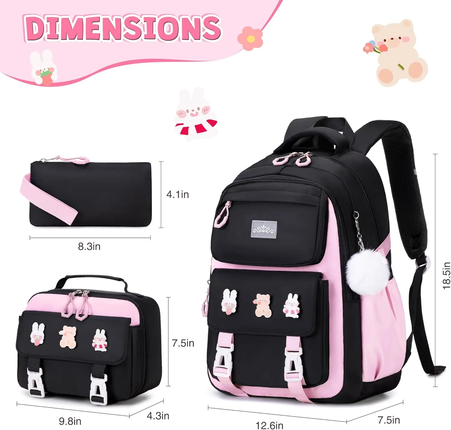 3PCS Girls Backpack for School, Kids Backpack for Girls with Lunch Box Pencil Case Set for Teen Girl Elementary Primary Middle High College School Bookbag with Cute Pins (Black-Pink)