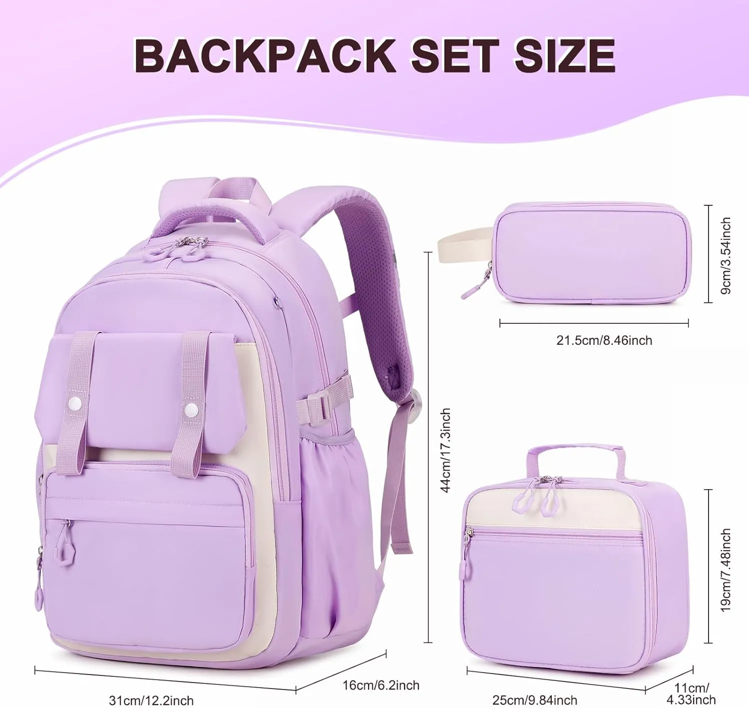 3PCS Girls Backpack for School, Kids School Backpack for Girls with Lunch Bag Pencil Case, Kids School Bookbag Teen Girls Backpacks for Elementary Middle High College School (Purple)