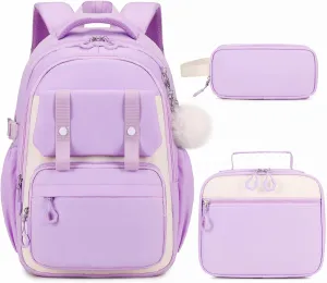3PCS Girls Backpack for School, Kids School Backpack for Girls with Lunch Bag Pencil Case, Kids School Bookbag Teen Girls Backpacks for Elementary Middle High College School (Purple)