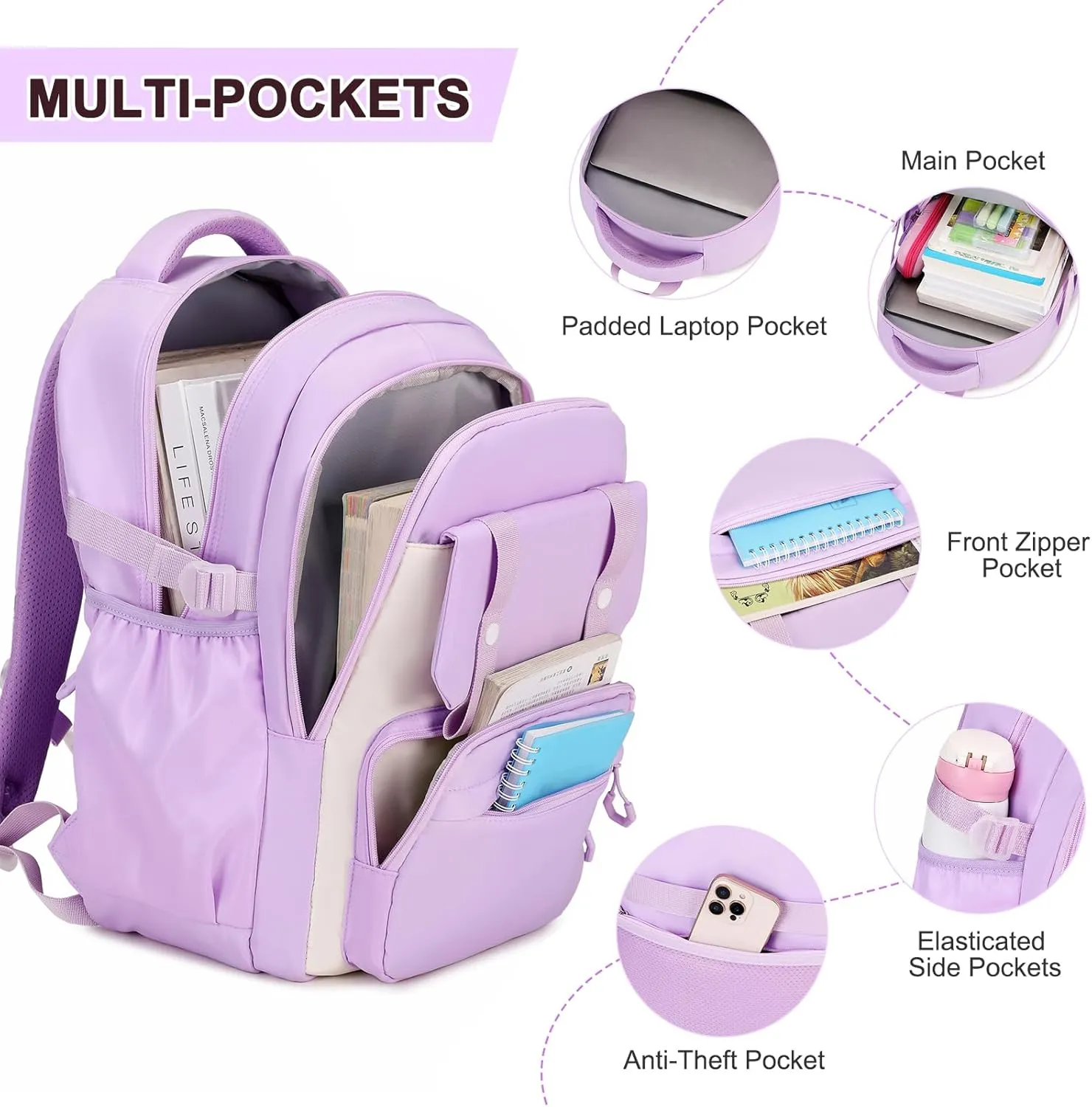 3PCS Girls Backpack for School, Kids School Backpack for Girls with Lunch Bag Pencil Case, Kids School Bookbag Teen Girls Backpacks for Elementary Middle High College School (Purple)