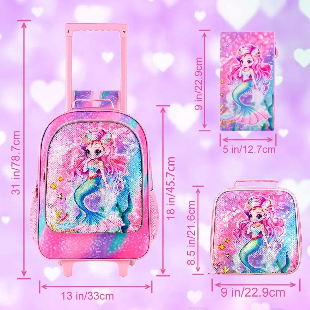 3PCS Rolling Backpack for Girls and Boys， Kids Unicorn Dinosaur Wheeled Bookbag