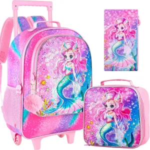 3PCS Rolling Backpack for Girls and Boys， Kids Unicorn Dinosaur Wheeled Bookbag