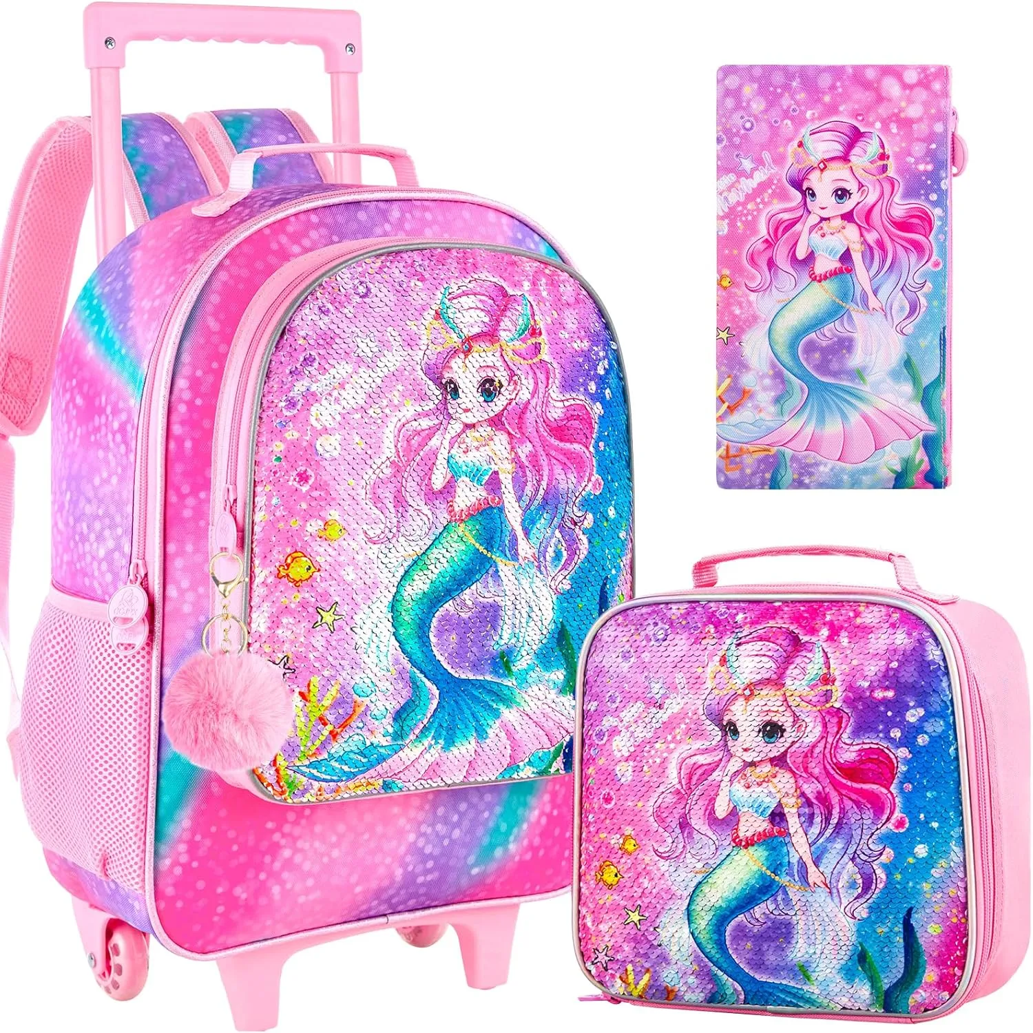 3PCS Rolling Backpack for Girls and Boys， Kids Unicorn Dinosaur Wheeled Bookbag