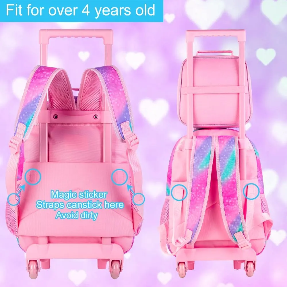 3PCS Rolling Backpack for Girls and Boys， Kids Unicorn Dinosaur Wheeled Bookbag