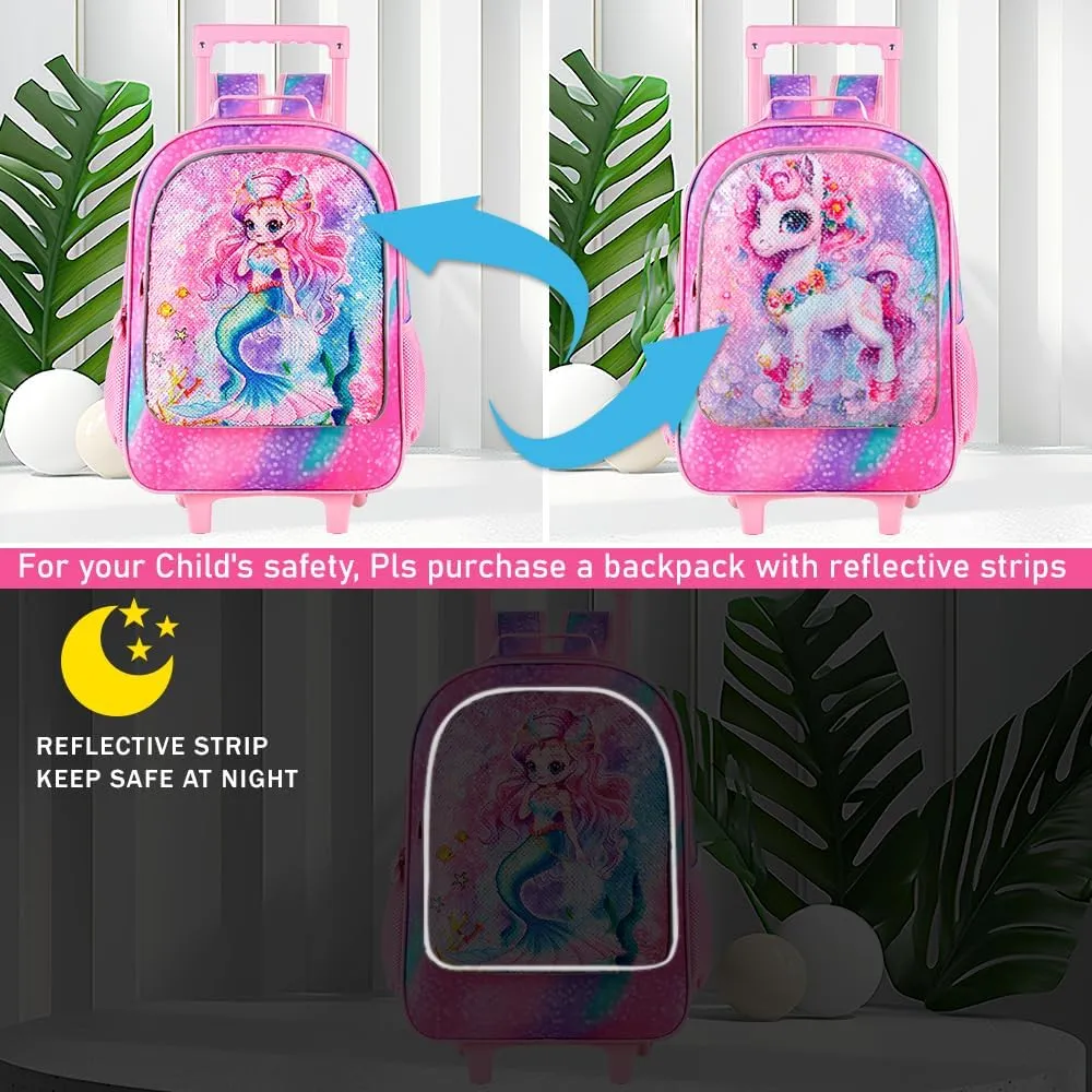 3PCS Rolling Backpack for Girls and Boys， Kids Unicorn Dinosaur Wheeled Bookbag