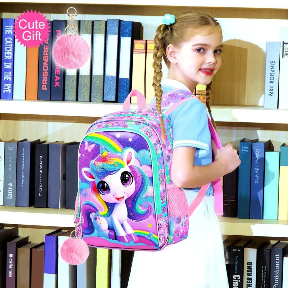 3PCS Unicorn Backpack for Girls, Water Resistant Kids Bookbag Set with Lunch Box, Cute School Bag for Preschool Toddler