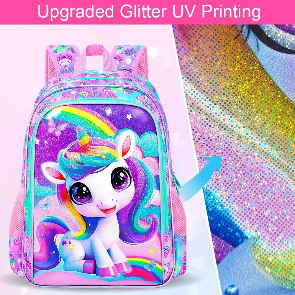 3PCS Unicorn Backpack for Girls, Water Resistant Kids Bookbag Set with Lunch Box, Cute School Bag for Preschool Toddler