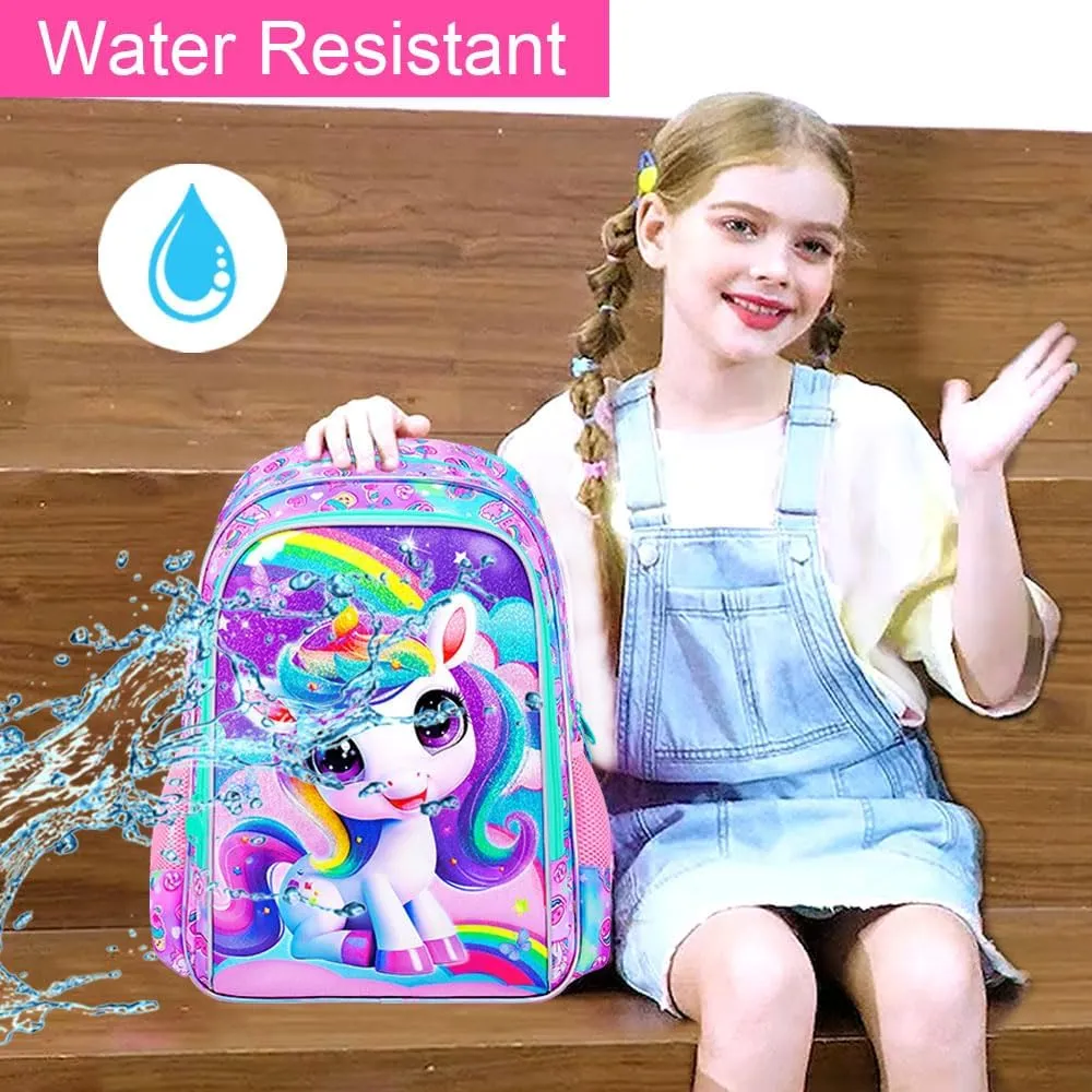 3PCS Unicorn Backpack for Girls, Water Resistant Kids Bookbag Set with Lunch Box, Cute School Bag for Preschool Toddler