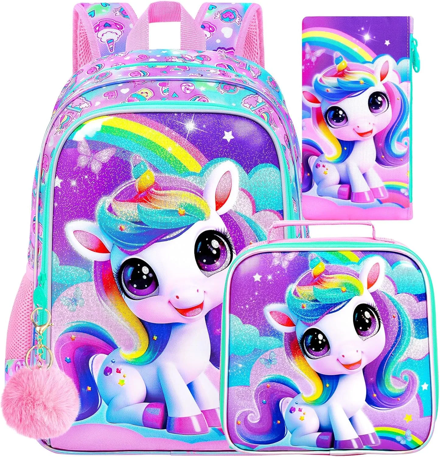 3PCS Unicorn Backpack for Girls, Water Resistant Kids Bookbag Set with Lunch Box, Cute School Bag for Preschool Toddler