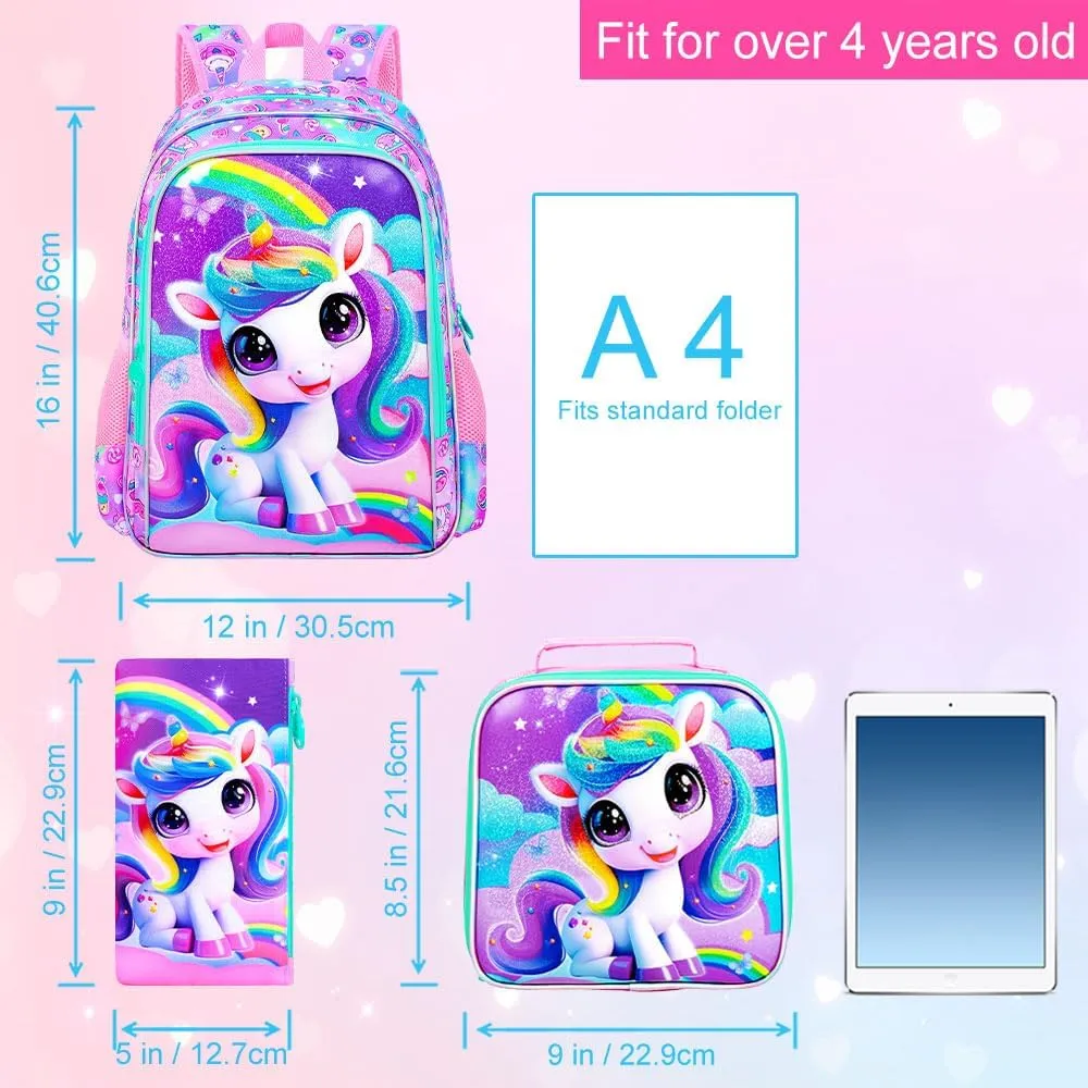 3PCS Unicorn Backpack for Girls, Water Resistant Kids Bookbag Set with Lunch Box, Cute School Bag for Preschool Toddler