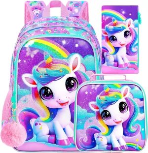3PCS Unicorn Backpack for Girls, Water Resistant Kids Bookbag Set with Lunch Box, Cute School Bag for Preschool Toddler