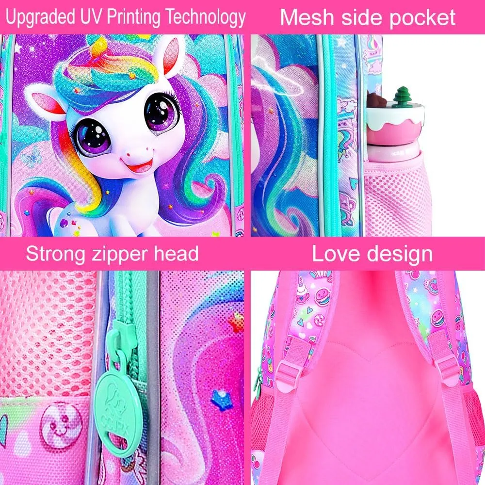 3PCS Unicorn Backpack for Girls, Water Resistant Kids Bookbag Set with Lunch Box, Cute School Bag for Preschool Toddler