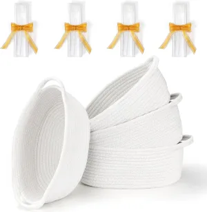 4 Pack Small Woven Basket with Handles, All 12"x 8"x 5", Cotton Rope Room Shelf Storage Basket, Cat Toys, Cute Baby Gift Basket with Gift Bags and Ribbons for Nursery, Empty Decorative Gift Chest Box