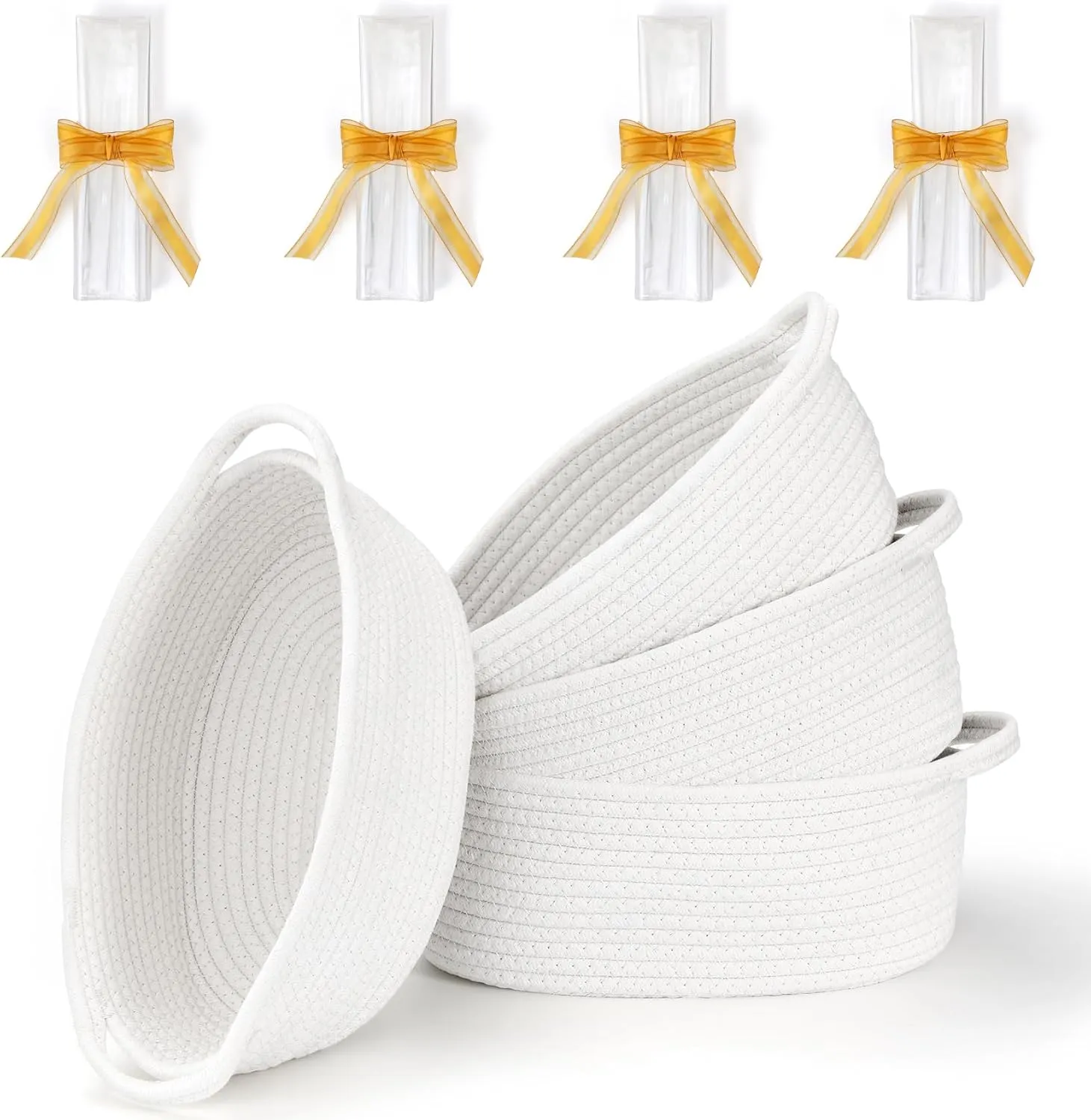 4 Pack Small Woven Basket with Handles, All 12"x 8"x 5", Cotton Rope Room Shelf Storage Basket, Cat Toys, Cute Baby Gift Basket with Gift Bags and Ribbons for Nursery, Empty Decorative Gift Chest Box