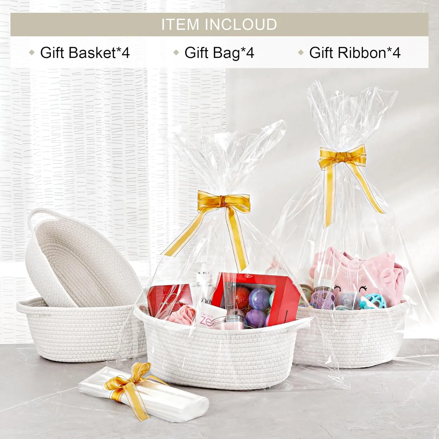 4 Pack Small Woven Basket with Handles, All 12"x 8"x 5", Cotton Rope Room Shelf Storage Basket, Cat Toys, Cute Baby Gift Basket with Gift Bags and Ribbons for Nursery, Empty Decorative Gift Chest Box
