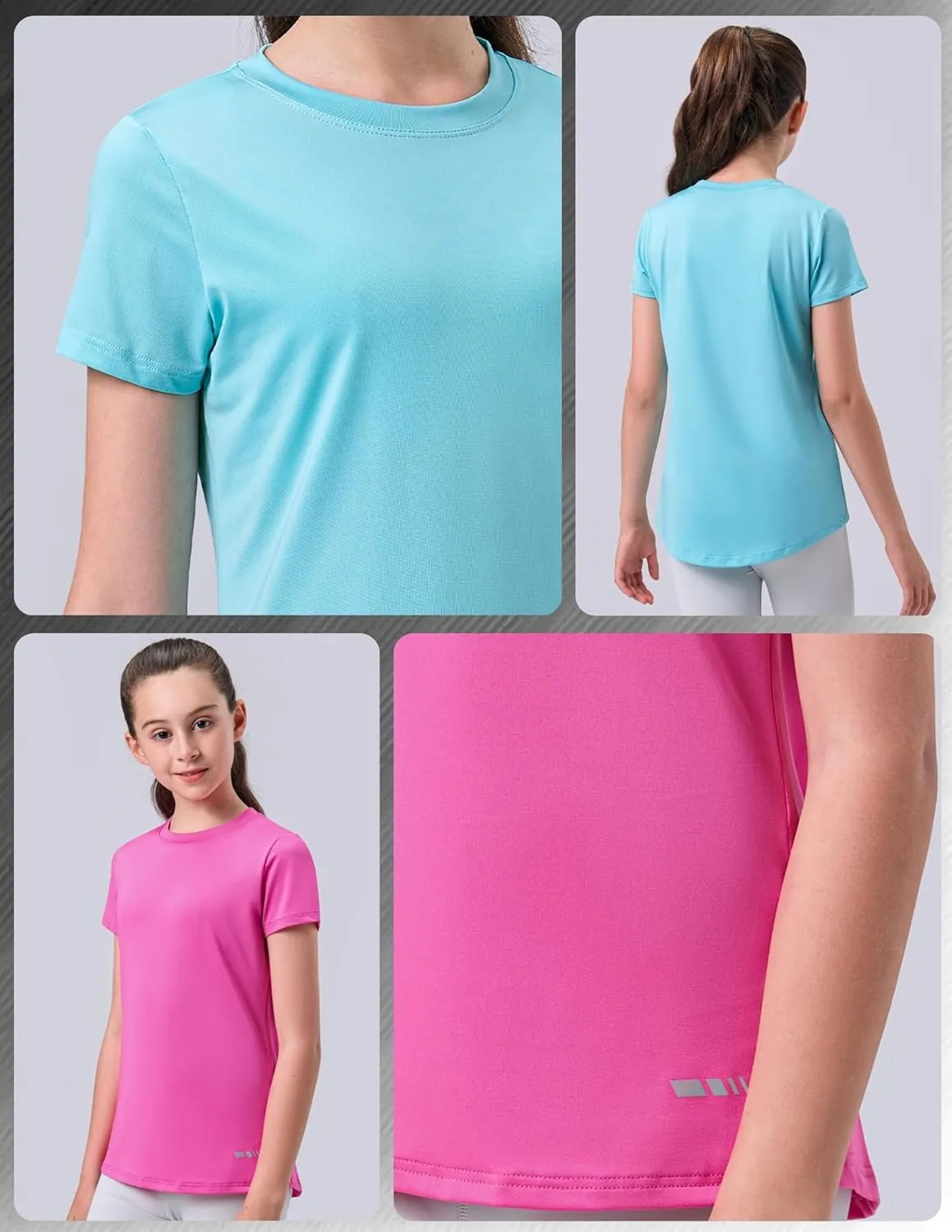 4 Pack: Youth Girls Athletic Shirts, Short Sleeve Dry Fit Apparel Tech Tshirts, Sports Activewear for Kids Teens