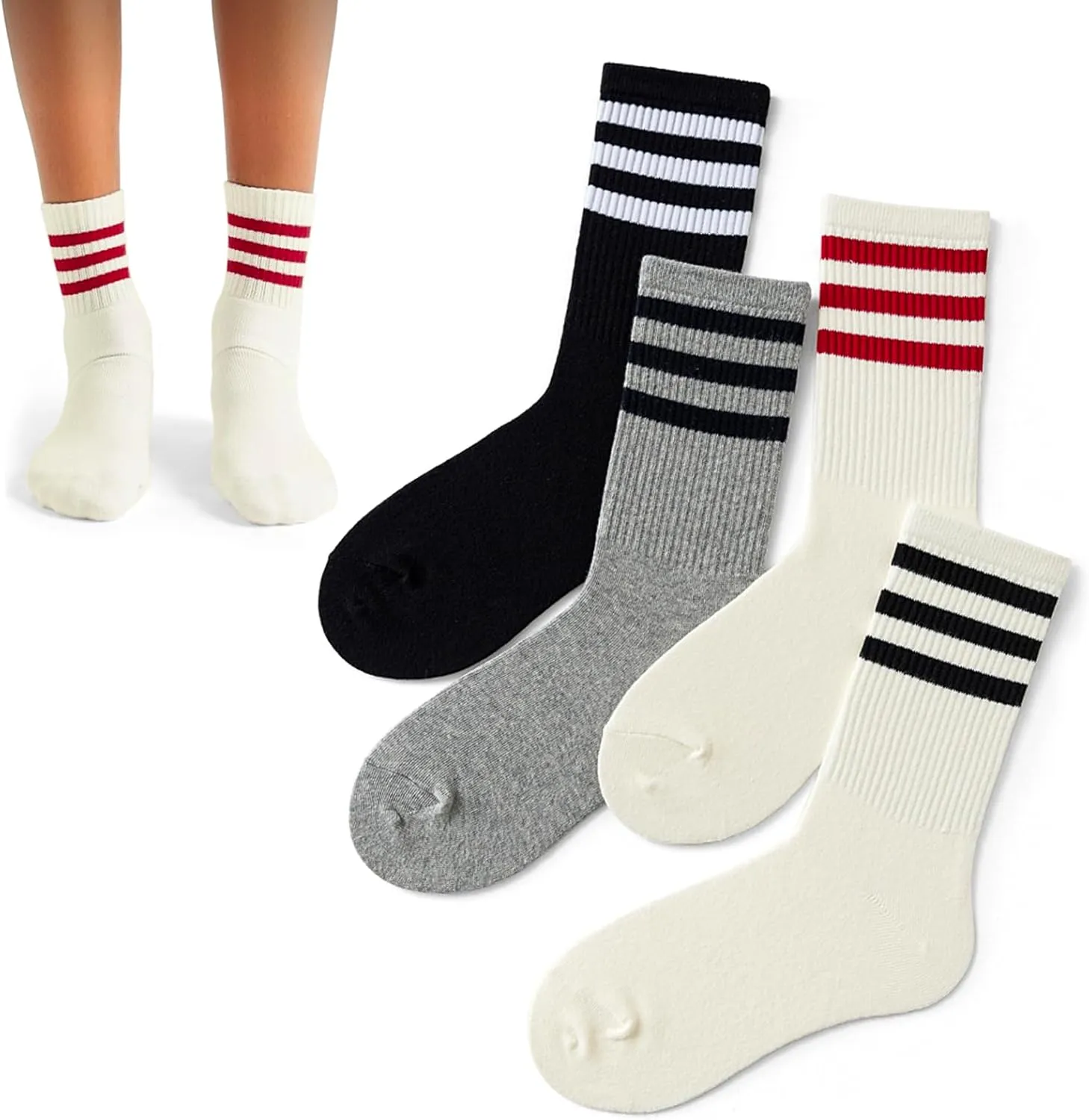 4 PAIRS Striped Crew Socks For Women Casual Cotton Novelty Retro Athltic Socks Unisex MultiColor