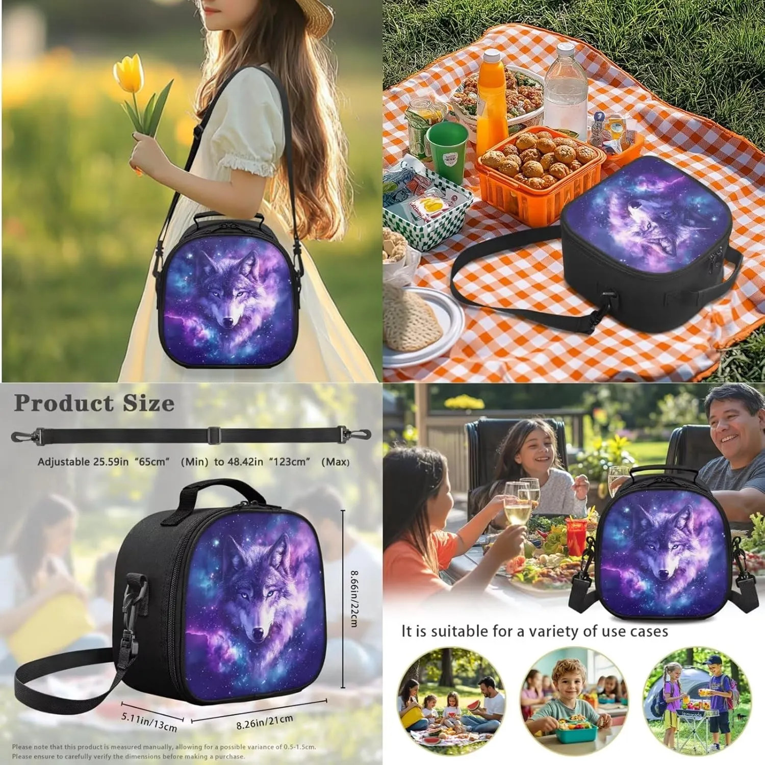 4 Pcs Backpack Set for Kids Schoolbag Purple Starry Wolf Print 17 Inch School Bookbag Lunchbox Pen Case Water Bottle Carrying Bag Elementary Student Daypack Rucksack