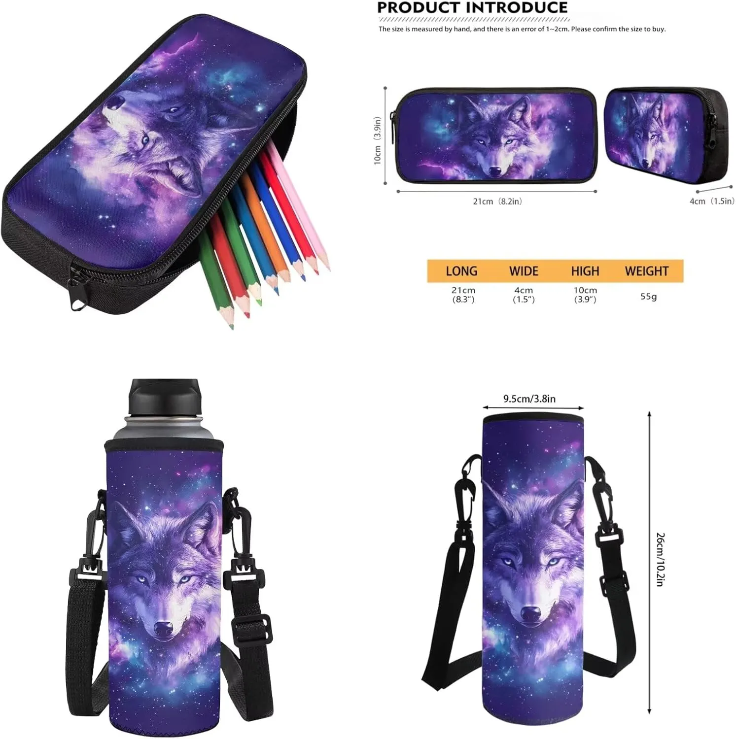 4 Pcs Backpack Set for Kids Schoolbag Purple Starry Wolf Print 17 Inch School Bookbag Lunchbox Pen Case Water Bottle Carrying Bag Elementary Student Daypack Rucksack