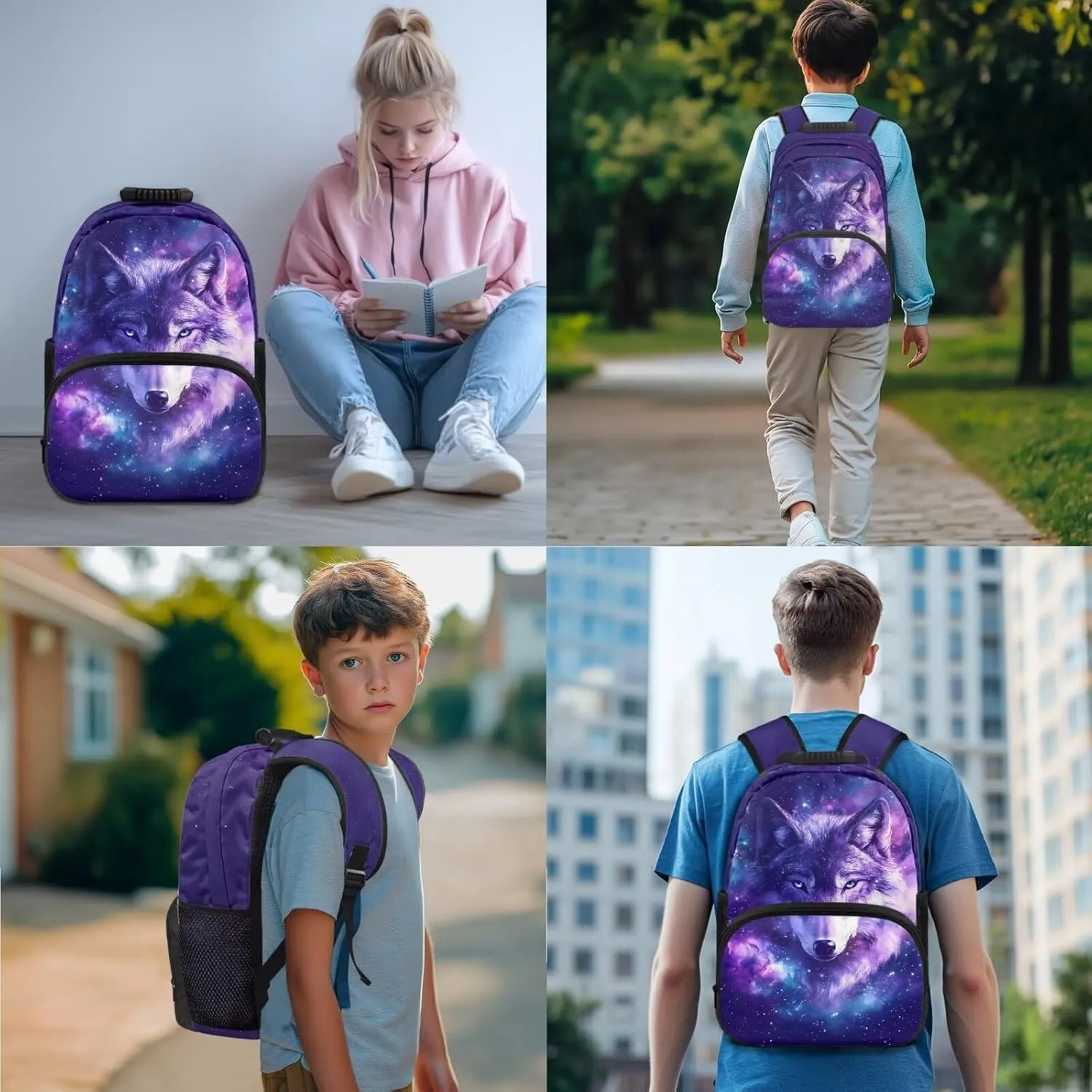 4 Pcs Backpack Set for Kids Schoolbag Purple Starry Wolf Print 17 Inch School Bookbag Lunchbox Pen Case Water Bottle Carrying Bag Elementary Student Daypack Rucksack