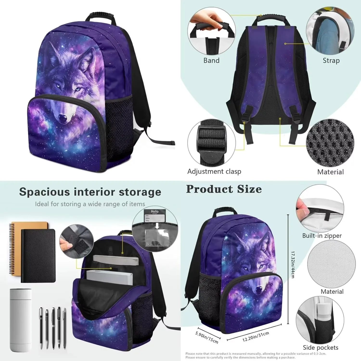 4 Pcs Backpack Set for Kids Schoolbag Purple Starry Wolf Print 17 Inch School Bookbag Lunchbox Pen Case Water Bottle Carrying Bag Elementary Student Daypack Rucksack