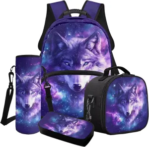 4 Pcs Backpack Set for Kids Schoolbag Purple Starry Wolf Print 17 Inch School Bookbag Lunchbox Pen Case Water Bottle Carrying Bag Elementary Student Daypack Rucksack