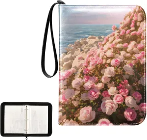 4 Pockets Trading Card Album Holder Book Folder Sports Card Binder Pink Rose Beach 400 Double Side Pockets for 3 Ring Binder Zipper