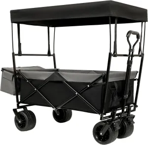 480Lbs Collapsible Wagon with Canopy for Camping, Shopping, and Sports, Adjustable Handle, All-Terrain Wheels, Black with Mosquito Net