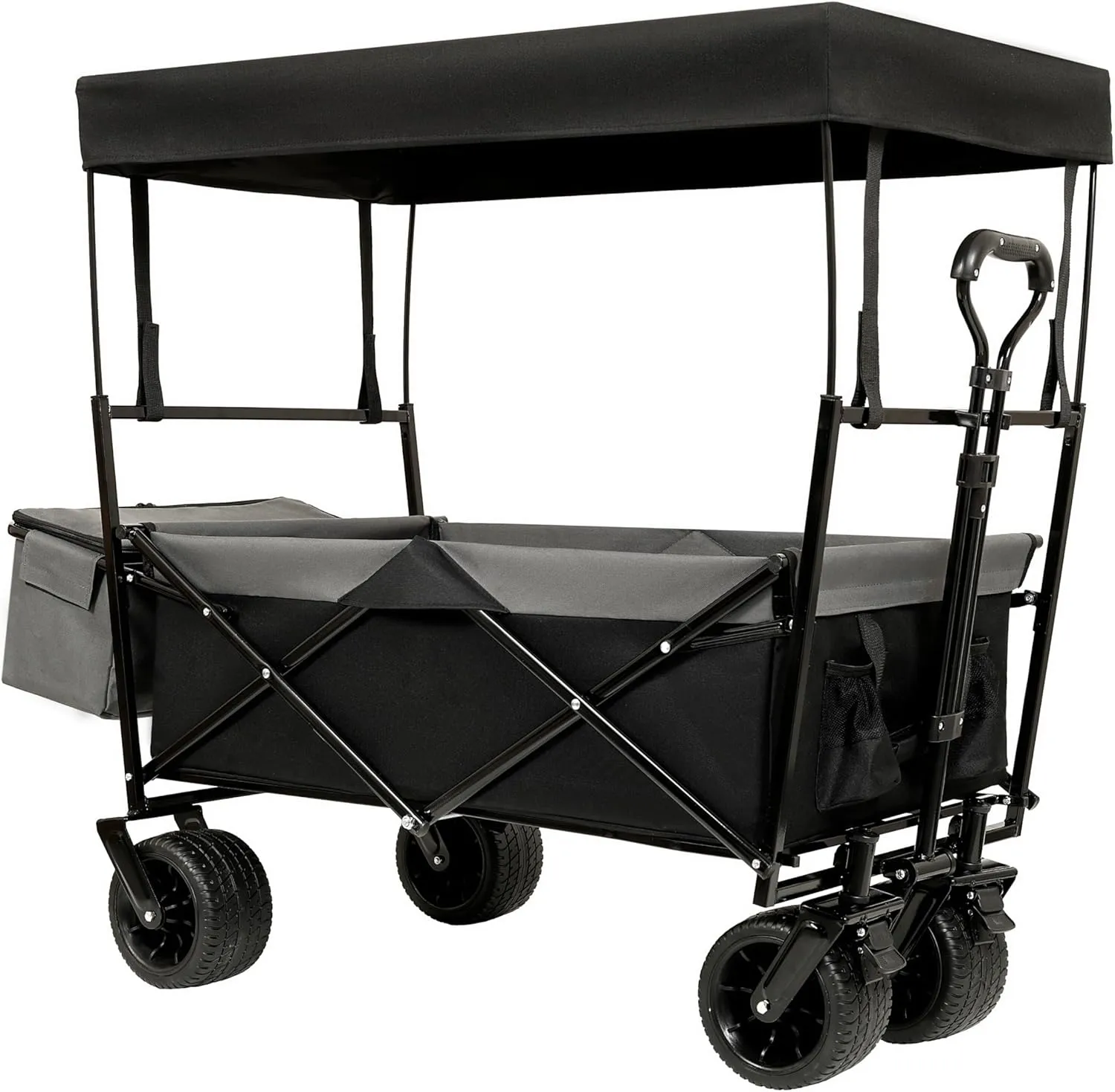 480Lbs Collapsible Wagon with Canopy for Camping, Shopping, and Sports, Adjustable Handle, All-Terrain Wheels, Black with Mosquito Net