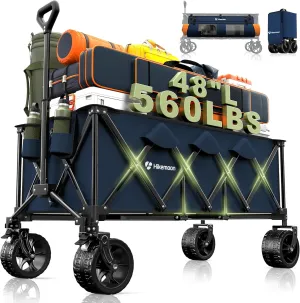 48"L Collapsible Wagon Cart Foldable, 560LB Weight Capacity 300L Heavy Duty Folding Beach Wagon with All-Terrain Big Wheel, Utility Wagon for Grocery, Shopping, Garden, Sports, Camping, Blue