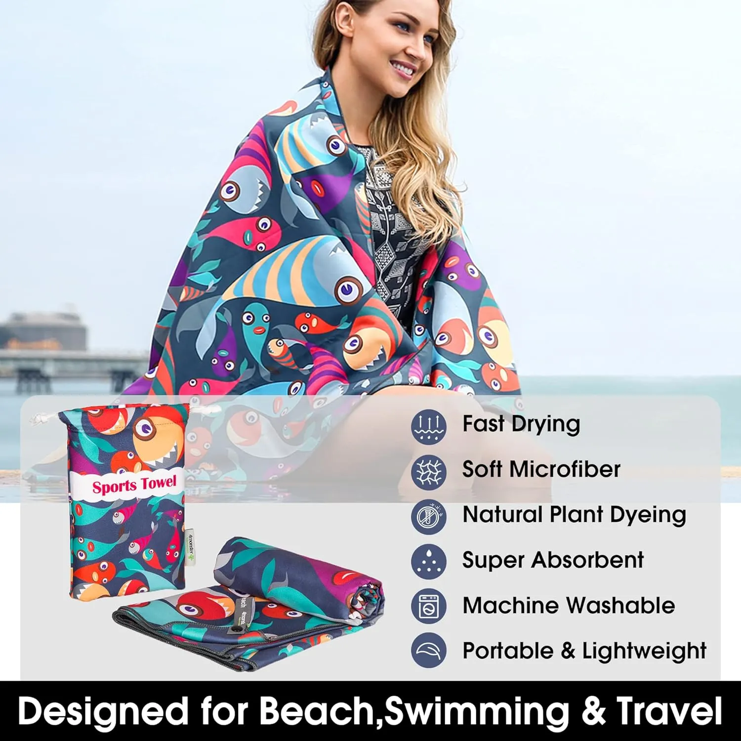 4Monster Microfiber Beach Towel Quick Dry,Super Absorbent Lightweight Travel Towel for Swimmers, Sand Free Camping Towel, Beach Towels for Pool, Swim, Water Sports,Yoga,Gym,Backpacking