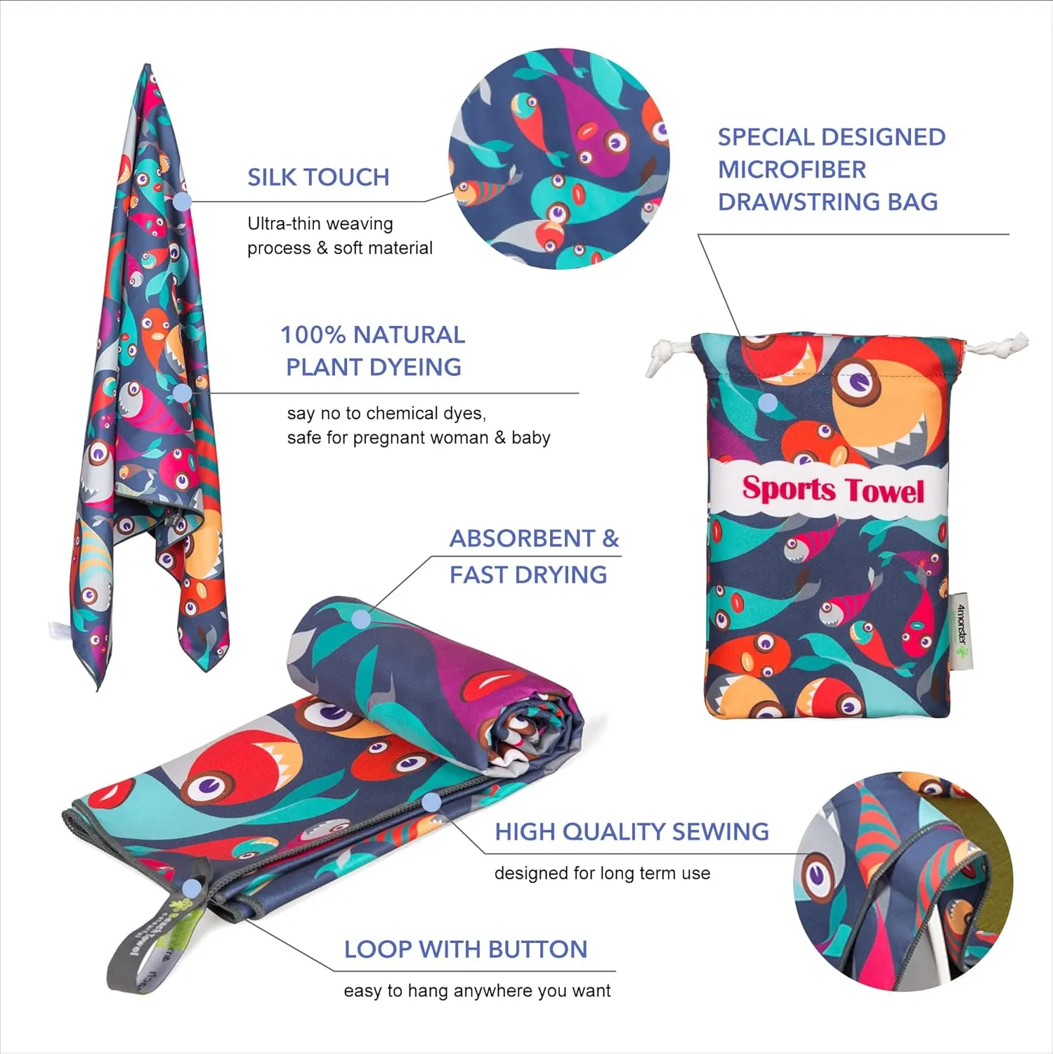 4Monster Microfiber Beach Towel Quick Dry,Super Absorbent Lightweight Travel Towel for Swimmers, Sand Free Camping Towel, Beach Towels for Pool, Swim, Water Sports,Yoga,Gym,Backpacking