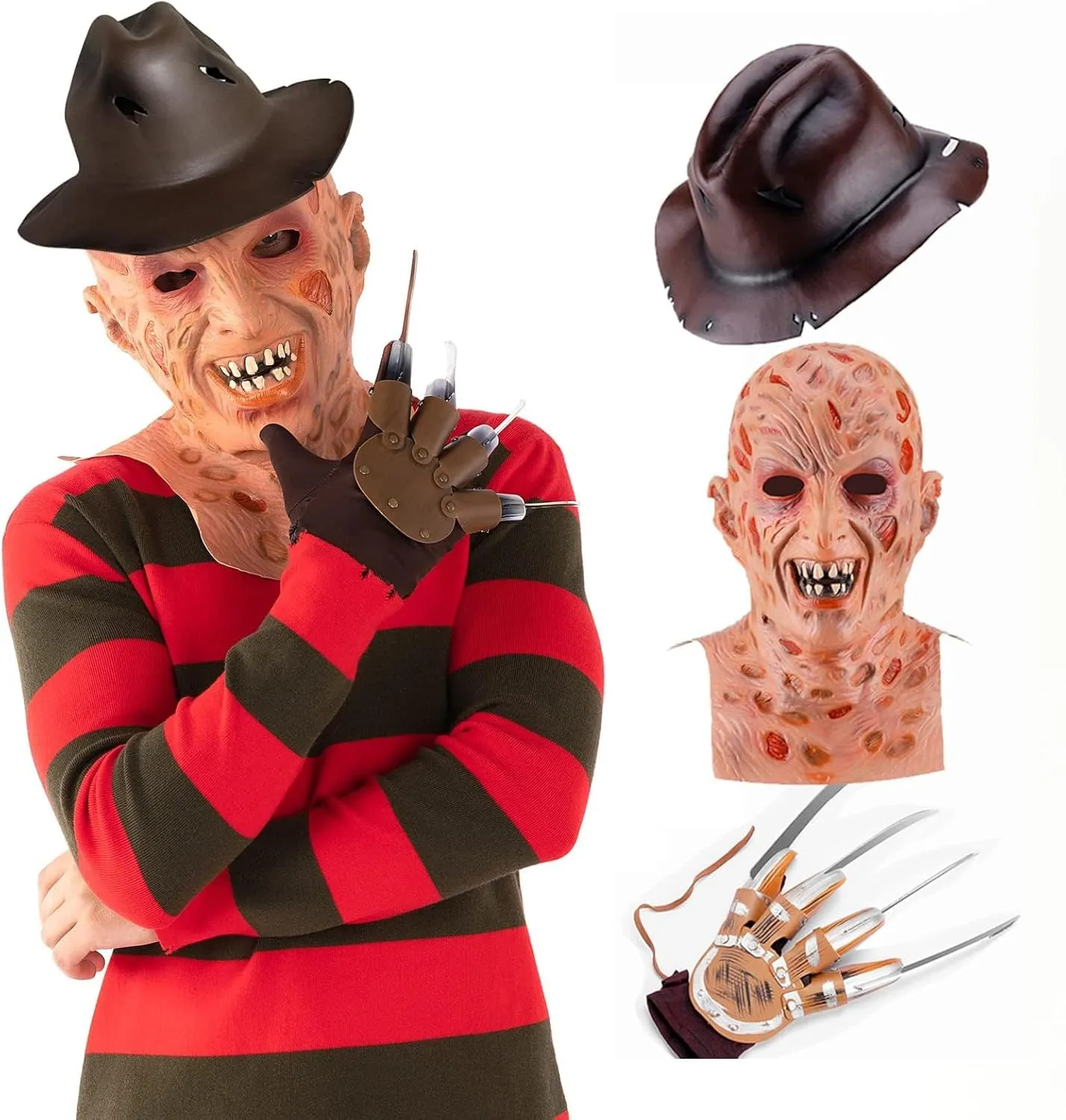 4pcs Freddy Mask Krueger Costume Red and Green Striped Sweater Horror Killer Glove Hat Set Halloween Cosplay for Adult