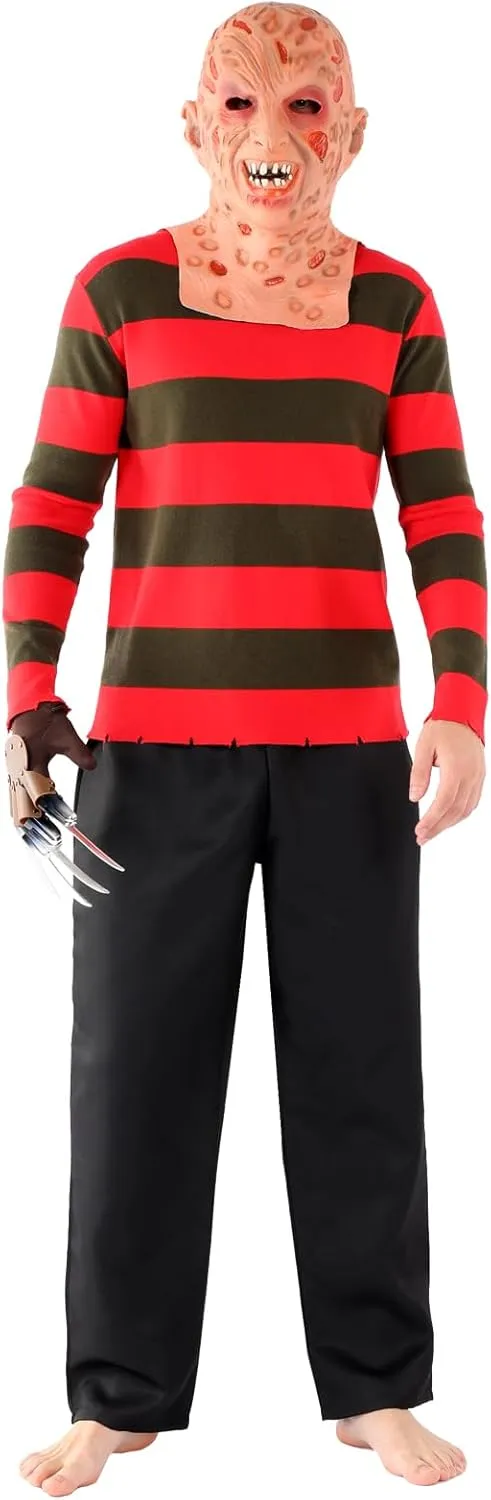 4pcs Freddy Mask Krueger Costume Red and Green Striped Sweater Horror Killer Glove Hat Set Halloween Cosplay for Adult