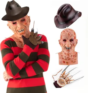 4pcs Freddy Mask Krueger Costume Red and Green Striped Sweater Horror Killer Glove Hat Set Halloween Cosplay for Adult