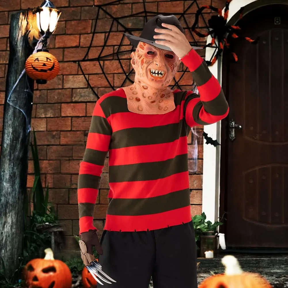 4pcs Freddy Mask Krueger Costume Red and Green Striped Sweater Horror Killer Glove Hat Set Halloween Cosplay for Adult