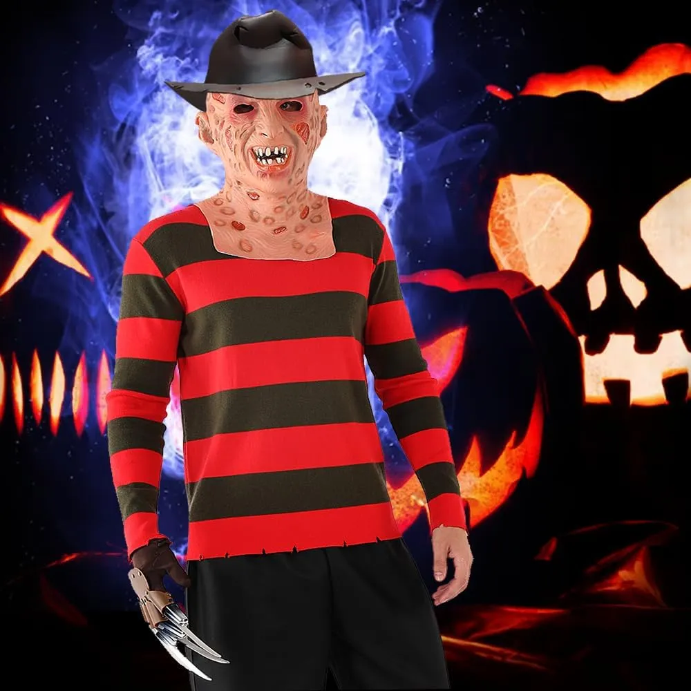 4pcs Freddy Mask Krueger Costume Red and Green Striped Sweater Horror Killer Glove Hat Set Halloween Cosplay for Adult