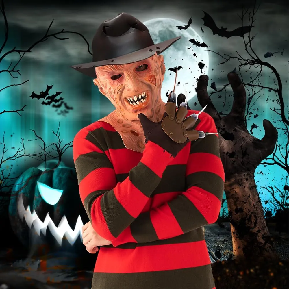 4pcs Freddy Mask Krueger Costume Red and Green Striped Sweater Horror Killer Glove Hat Set Halloween Cosplay for Adult