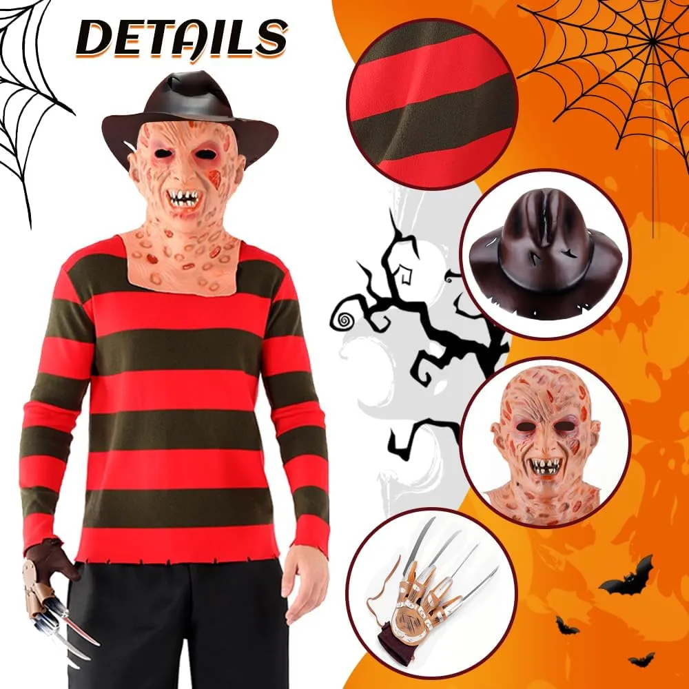 4pcs Freddy Mask Krueger Costume Red and Green Striped Sweater Horror Killer Glove Hat Set Halloween Cosplay for Adult