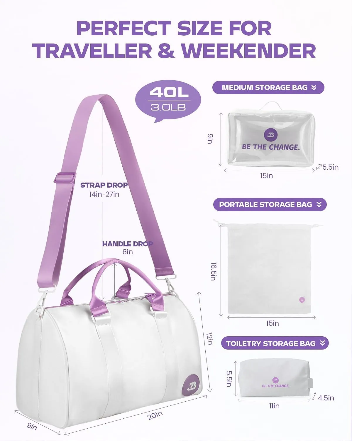 4Pcs/Set Swim Gym Bag Women Waterproof Small Sports Duffel Bag 1000D Nylon Heavy Duty Travel Workout Weekender Bag with 3 Accessory Bags of Wet & Dry Separation Upgrades 2.0 Violet