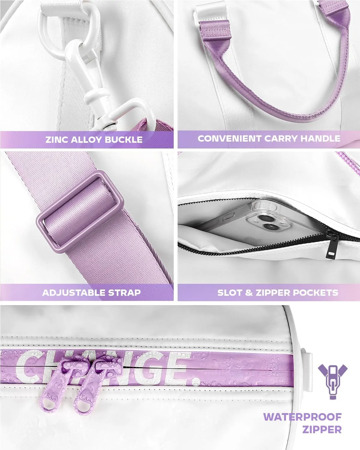 4Pcs/Set Swim Gym Bag Women Waterproof Small Sports Duffel Bag 1000D Nylon Heavy Duty Travel Workout Weekender Bag with 3 Accessory Bags of Wet & Dry Separation Upgrades 2.0 Violet