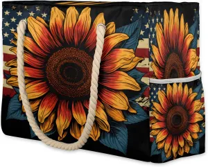 4th of July Large Tote Beach Bags for Women with Zipper Waterproof Sandproof Swim Pool Grocery Gym Travel Bag, Memorial Day Sunflower