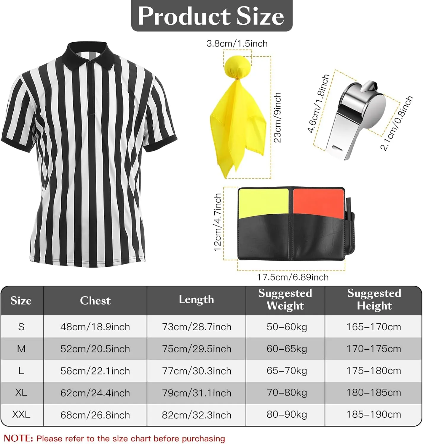 5 Pcs Referee Costume Kit, Referee Costume for Boys Kids Men, Sports Costume Shirt Uniform Umpire Whistle Yellow Penalty Flag Referee Card for Basketball Football Soccer Referee Accessories