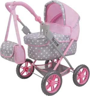 509 Crew: Cotton Candy Pink: Amanda Doll Pram - Pink, Grey, Polka Dot - W/Matching Handbag, Foldable, Removable Bassinet, Kids Pretend Play, Ages 3 