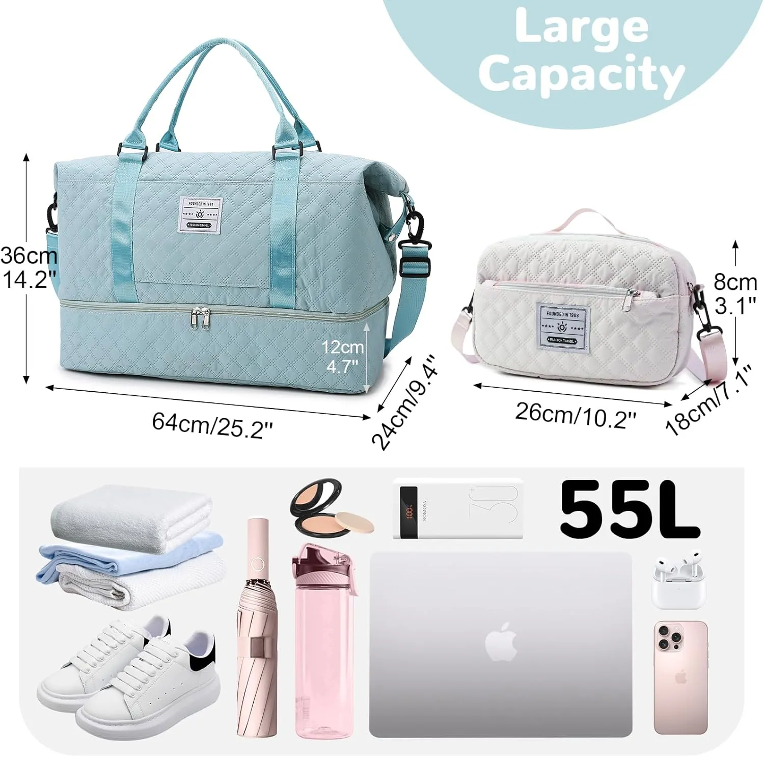 55L Large Women Travel Duffle Bag, Carry on Overnight Bag Weekend Travel Duffel Tote Bag with Wet Pocket Toiletry for Trips Sport Hospital, Blue