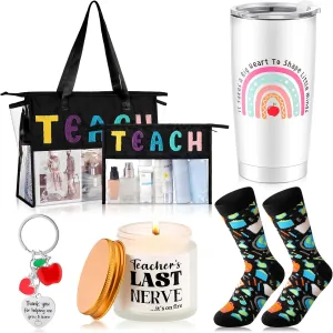 6 Pcs Teacher Appreciation Gifts Include Cosmetic Bag Handbag 12 oz Teacher Tumbler Appreciation Candle Keychain Sock Teachers Gifts