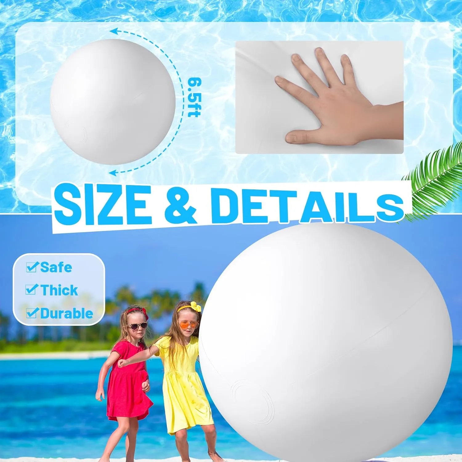 6.5 Feet White Giant Beach Ball Large Swimming Pool Party Ball for Summer Beach Massive Beach Decorations Supplies for Water Games Birthday Pool Party(1 Pcs)