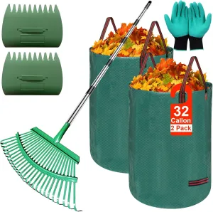 73 Inch Rake for Leaves, 25 Tines Metal Leaf Rake Set with 2 Pack 32 Gallon Leaf Bags Scoops, Garden Rakes 18in Wide, Rakes for Gardening Lawns Yard Outdoor Camping Shrub Grass Bush