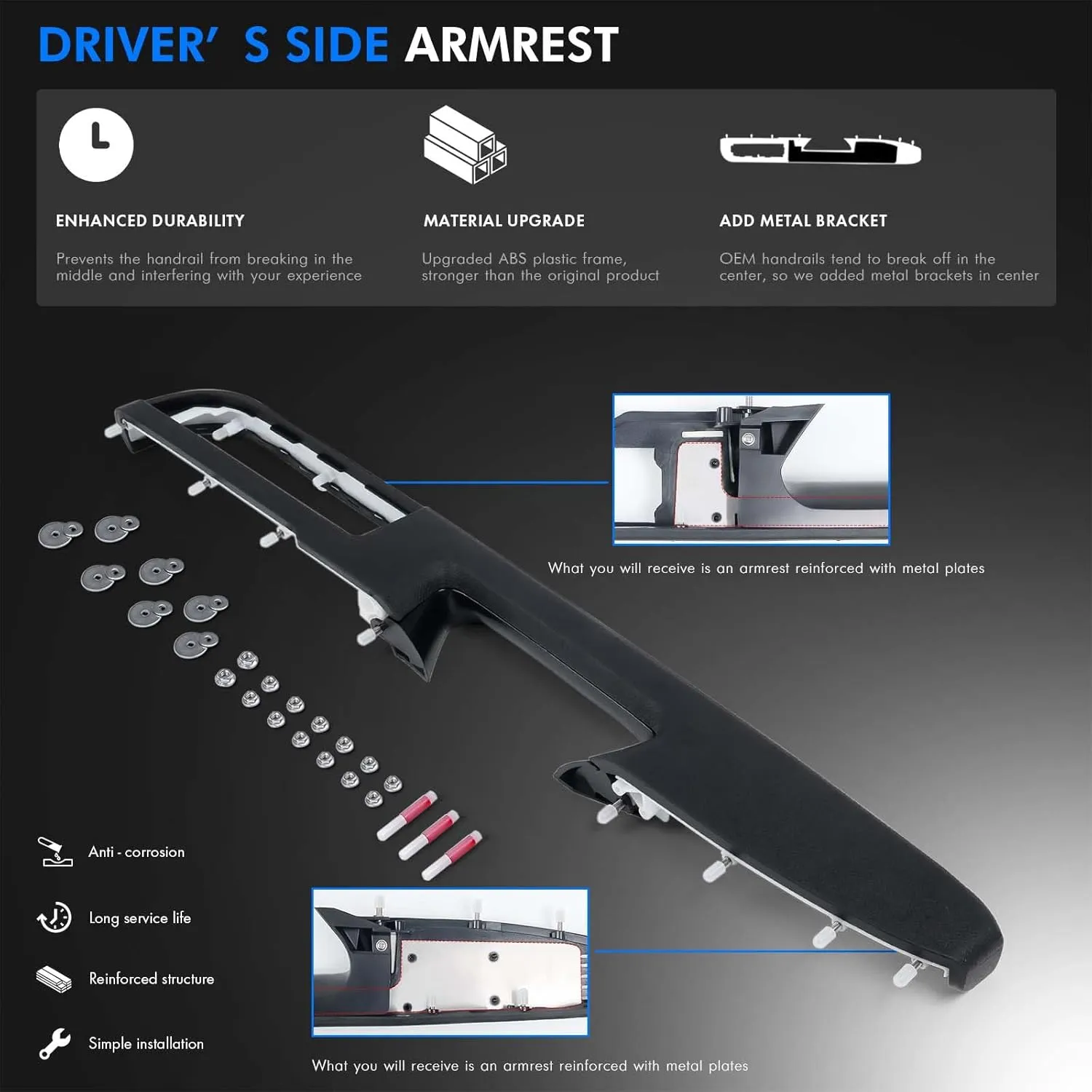 80994 Front Left Driver Side Armrest Repair Kit Fit for Chevy Silverado Suburban Tahoe Avalanche For GMC Sierra Yukon 2010-2014 Door Panel with Release Handle Above Armrest 27In - Black - GM# 84127280